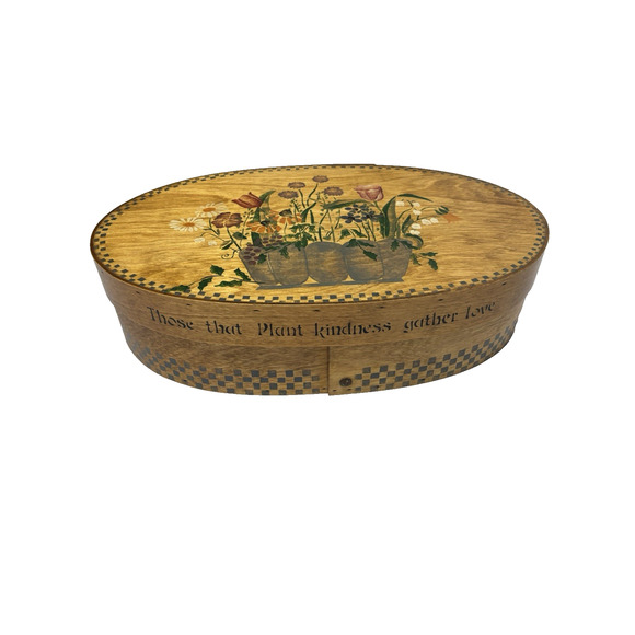 Vintage Hand Painted Wooden Pantry Cheese Shaker Box Plant Kindness Oval Floral - Picture 1 of 8